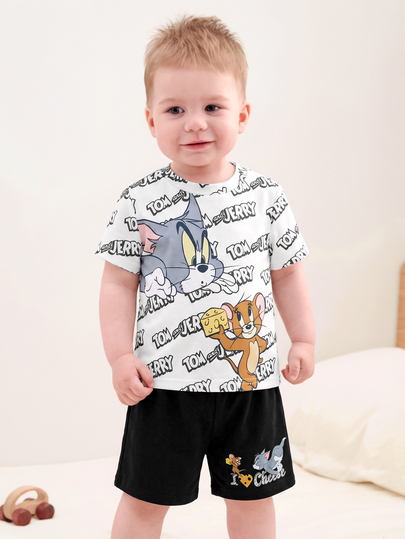 TOM & JERRY X SHEIN Baby Boy Cartoon Cool Graphic Short Sleeve T-Shirt & Black Shorts Set, Summer 2-Piece Outfit