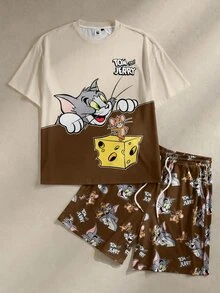 TOM & JERRY X SHEIN 男士圓領字母卡通圖案短袖上衣與短褲休閒日常家居服套裝 - 棕色 - 查看 2