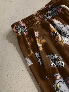 TOM & JERRY X SHEIN 男士圓領字母卡通圖案短袖上衣與短褲休閒日常家居服套裝 - 棕色 - 查看 7