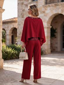 Hansera Middle-Aged Women's 2 In 1 Patchwork Top And Long Pants Casual Daily Outfit - Burgundy - View 2