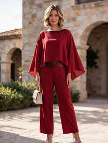 Hansera Middle-Aged Women's 2 In 1 Patchwork Top And Long Pants Casual Daily Outfit - Burgundy - View 4