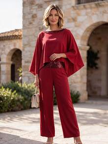 Hansera Middle-Aged Women's 2 In 1 Patchwork Top And Long Pants Casual Daily Outfit - Burgundy - View 6