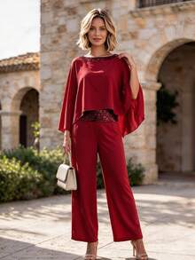 Hansera Middle-Aged Women's 2 In 1 Patchwork Top And Long Pants Casual Daily Outfit - Burgundy - View 7