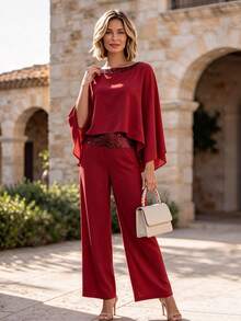 Hansera Middle-Aged Women's 2 In 1 Patchwork Top And Long Pants Casual Daily Outfit - Burgundy - View 5