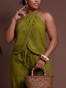 Zivah 2026 Spring/Summer Women's Plus Size Wedding Vacation Beach Guest Sleeveless Tie-Neck Loose Top Wide Leg Pants Two Pieces Set Olive Green - Army Green - View 6