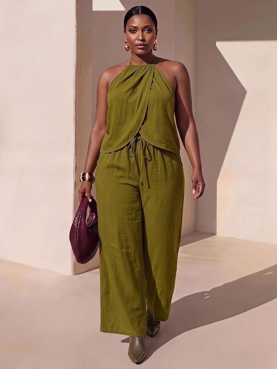 Zivah 2026 Spring/Summer Women's Plus Size Wedding Vacation Beach Guest Sleeveless Tie-Neck Loose Top Wide Leg Pants Two Pieces Set Olive Green - Army Green - View 1