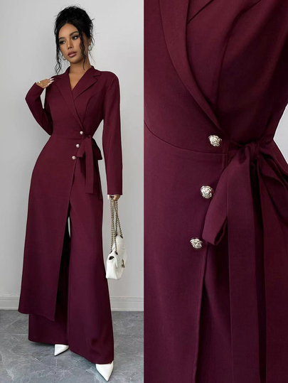 Elenzga Women's Burgundy Asymmetrical Design Long Sleeve Cross Neck Tie Waist Metal Button Jumpsuit, Elegant Commute & Date Outfit