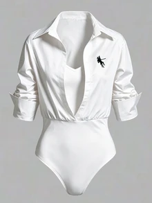 SHEIN LUNE Women's Knight Pattern Casual Daily Wear Office Business Bodysuit White And Black Fall - White - View 1