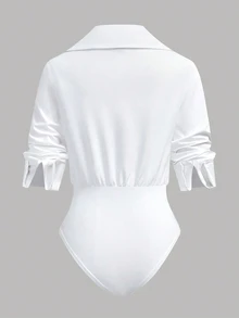 SHEIN LUNE Women's Knight Pattern Casual Daily Wear Office Business Bodysuit White And Black Fall - White - View 2