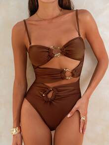 Swim Chiccia 女式金属光泽优雅纯色连体泳衣 - 棕色 - 查看 3