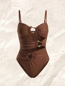 Swim Chiccia 女式金属光泽优雅纯色连体泳衣 - 棕色 - 查看 4