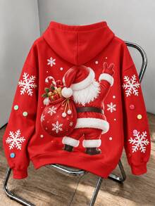 Manfinity Homme Plus-Size Santa Claus Pattern Drawstring Hooded Sweatshirt For Men, Casual Hoodie - Red - View 3
