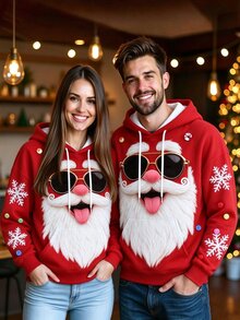 Manfinity Homme Plus-Size Santa Claus Pattern Drawstring Hooded Sweatshirt For Men, Casual Hoodie - Red - View 2