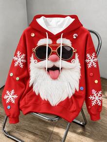 Manfinity Homme Plus-Size Santa Claus Pattern Drawstring Hooded Sweatshirt For Men, Casual Hoodie - Red - View 1