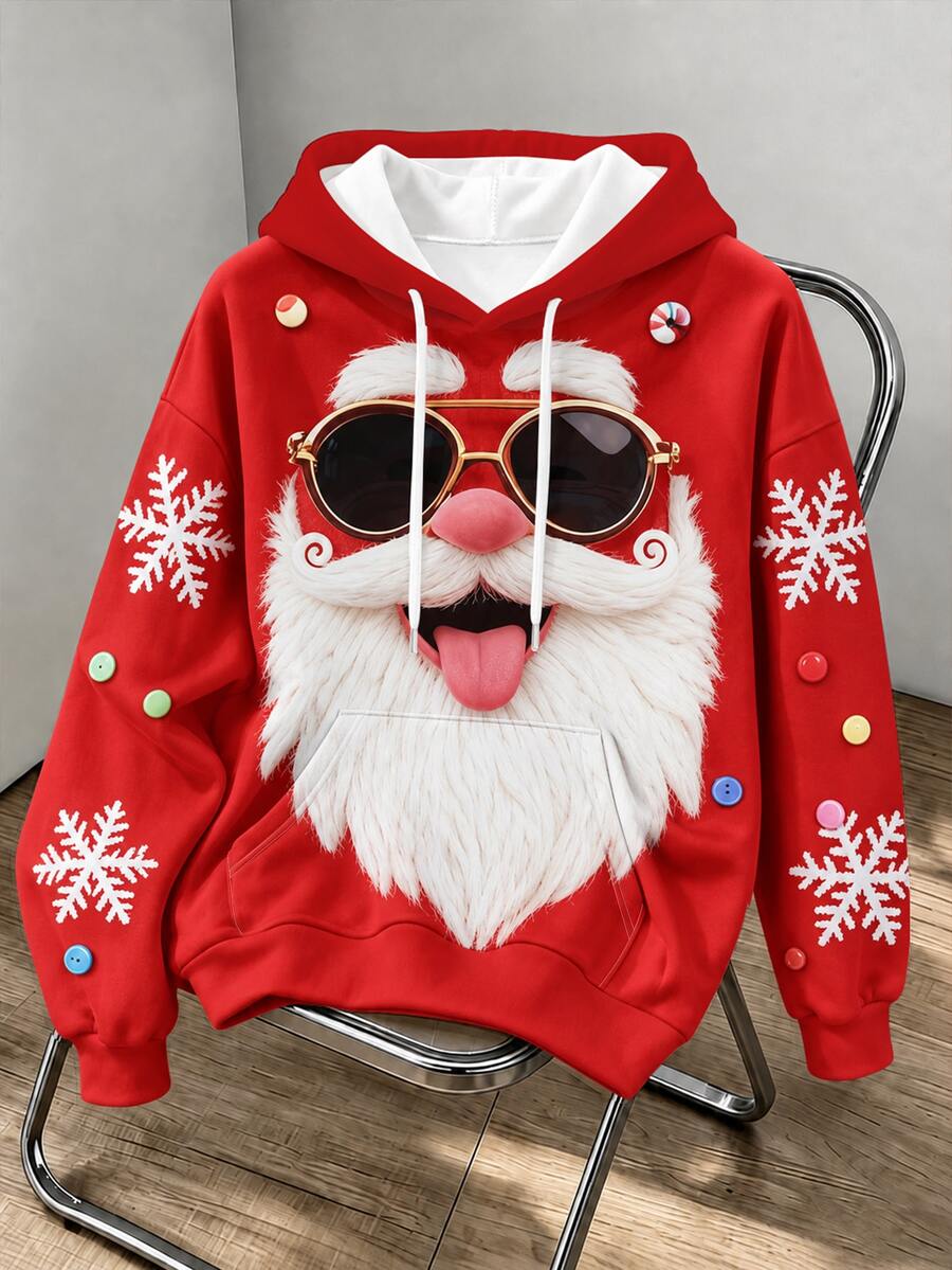 Manfinity Homme Plus-Size Santa Claus Pattern Drawstring Hooded Sweatshirt For Men, Casual Hoodie - Red - View 1
