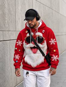 Manfinity Homme Plus-Size Santa Claus Pattern Drawstring Hooded Sweatshirt For Men, Casual Hoodie - Red - View 4