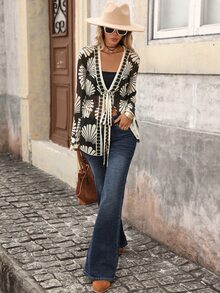 Brillora Paisley Print Mesh Long Sleeve Front Tie Asymmetrical Hem Women's Top Beach Vacation Black And Cream Fall Boho Tropical - Black - View 3