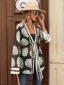 Brillora Paisley Print Mesh Long Sleeve Front Tie Asymmetrical Hem Women's Top Beach Vacation Black And Cream Fall Boho Tropical - Black - View 4