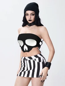 ROMWE Goth 女款 2 合 1 抹胸上衣 破舊骷髏印花 黑白配色 性感 音樂節萬聖節穿搭 - 黑色 - 查看 7