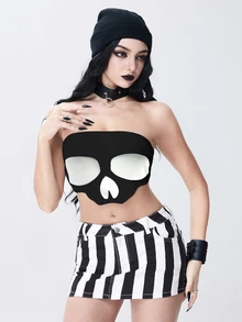 ROMWE Goth 女款 2 合 1 抹胸上衣 破舊骷髏印花 黑白配色 性感 音樂節萬聖節穿搭 - 黑色 - 查看 6