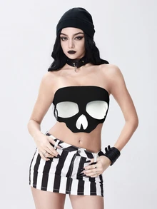 ROMWE Goth 女款 2 合 1 抹胸上衣 破舊骷髏印花 黑白配色 性感 音樂節萬聖節穿搭 - 黑色 - 查看 3