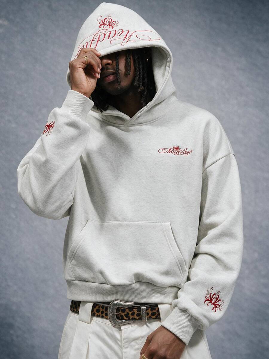 AXEPEAK Men's American Street Style Embroidered Casual Vacation Outdoor Hoodie - Light Grey - View 1