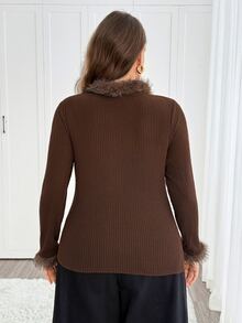SHEIN LUNE Plus Size Faux Fur Patchwork Ribbed Long Sleeve Elegant T-Shirt - Coffee Brown - View 7