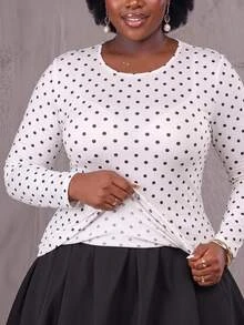 SHEIN CURVE+ Plus Size US 22 Polka Dot Long Sleeve Autumn/Winter T-Shirt, High Elasticity Knit Fall - Apricot - View 5