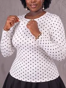 SHEIN CURVE+ Plus Size US 22 Polka Dot Long Sleeve Autumn/Winter T-Shirt, High Elasticity Knit Fall - Apricot - View 6
