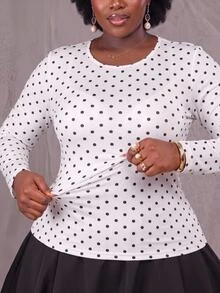 SHEIN CURVE+ Plus Size US 22 Polka Dot Long Sleeve Autumn/Winter T-Shirt, High Elasticity Knit Fall - Apricot - View 3