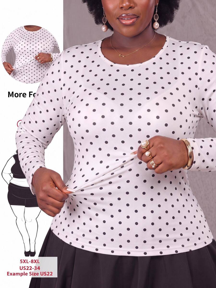 SHEIN CURVE+ Plus Size US 22 Polka Dot Long Sleeve Autumn/Winter T-Shirt, High Elasticity Knit Fall - Apricot - View 1