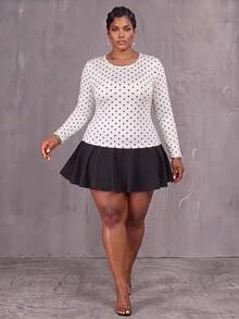 SHEIN CURVE+ Plus Size US 22 Polka Dot Long Sleeve Autumn/Winter T-Shirt, High Elasticity Knit Fall - Apricot - View 4