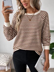 SHEIN LUNE Casual Women's Fall/ White And Brown And Long Sleeve Sweatshirt Everyday Travel Work Brunch Tops Fall Clothes For Women Winter Clothes - Multicolor - View 3
