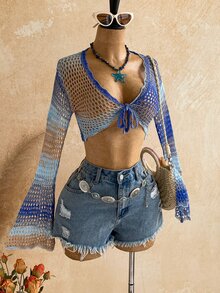 Soleia Women's Colorblock Hollow-Out Front Tie Bell Sleeve Cropped Knit Cardigan - Multicolor - View 6