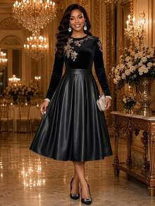 Fleurora Women's Patchwork Floral Sequin Round Neck Long Sleeve Elegant Dress - Black - View 1