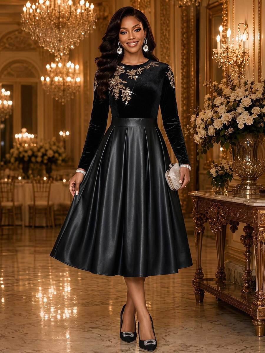 Fleurora Women's Patchwork Floral Sequin Round Neck Long Sleeve Elegant Dress - Black - View 1