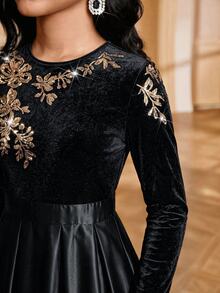 Fleurora Women's Patchwork Floral Sequin Round Neck Long Sleeve Elegant Dress - Black - View 8