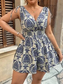 Flirla Plus Size Vintage Vacation Style Cross V-Neck Sleeveless Drawstring Pleated Romper, Spring/Summer Beach Vacation Beige - Blue - View 6