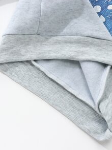 女童春夏秋冬返校休閒時尚新款運動衫牛仔褲套裝，灰色運動衫正面印藍色花卉圖案，簡約甜美，時尚百搭，藍色牛仔長褲側面飾黑色蝴蝶結，甜酷可愛俏皮，適合日常上學、外出、度假、派對與節日 - 灰色 - 查看 6