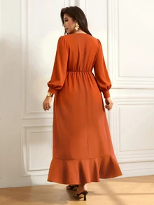 Femmeverse Elegant Modified Deep V-Neck Asymmetric Pleated Party Long Sleeve Dress New Style Fall - Orange - View 2