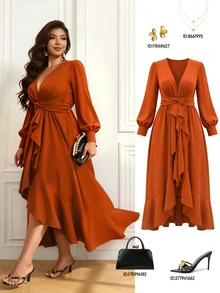 Femmeverse Elegant Modified Deep V-Neck Asymmetric Pleated Party Long Sleeve Dress New Style Fall - Orange - View 1