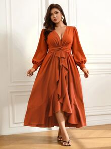 Femmeverse Elegant Modified Deep V-Neck Asymmetric Pleated Party Long Sleeve Dress New Style Fall - Orange - View 3
