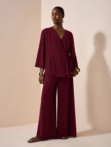 Zivah 大尺碼女款純色綁帶長袖襯衫寬腿褲休閒寬鬆套裝 優雅婚禮晚餐秋季酒紅色 - 中紫紅色 - 查看 7