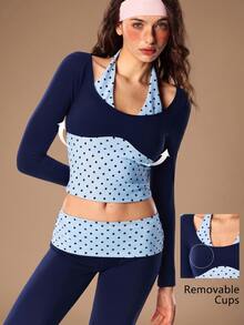 VARSIVA Kaos Olahraga Wanita Model Halter Neck 2 in 1 Motif Polka Dot Patchwork - Biru - View 3