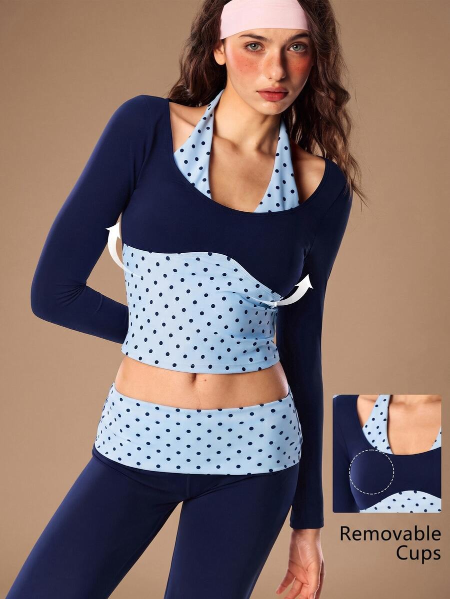 VARSIVA Women's Patchwork Polka Dot Print 2 In 1 Halter Neck Sports T-Shirt
