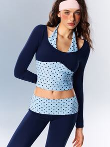 VARSIVA Kaos Olahraga Wanita Model Halter Neck 2 in 1 Motif Polka Dot Patchwork - Biru - View 5