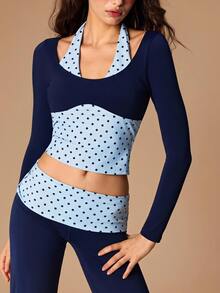 VARSIVA Kaos Olahraga Wanita Model Halter Neck 2 in 1 Motif Polka Dot Patchwork - Biru - View 2