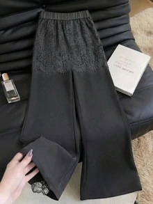 SHEIN Franclia 女款優雅蕾絲拼接黑色長褲，夏季，黑色長褲，優雅喇叭長褲 - 黑色 - 查看 3