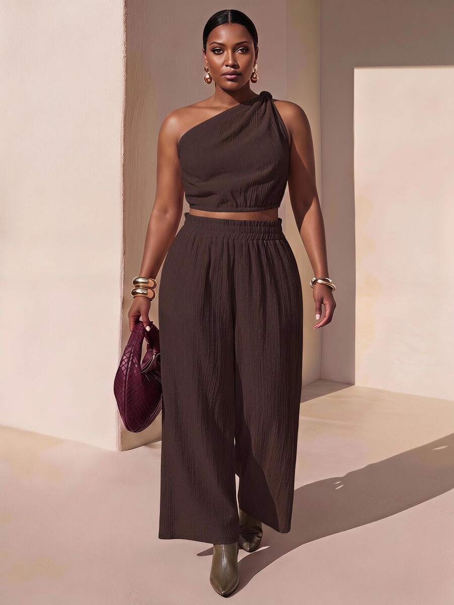Zivah Women's Plus Size Brown Summer 2-Piece Set,One Shoulder Textured Casual Top & Wide Leg Pants,Smart Casual Vacation Boho Style Outfit With Pockets - Brown - View 1
