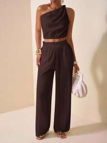 Zivah Women's Plus Size Brown Summer 2-Piece Set,One Shoulder Textured Casual Top & Wide Leg Pants,Smart Casual Vacation Boho Style Outfit With Pockets - Brown - View 3